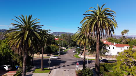 Aerial-View-of-Los-Angeles-palm-tree-lined-streets-with-mansions-and-Hollywood-sign-in-background