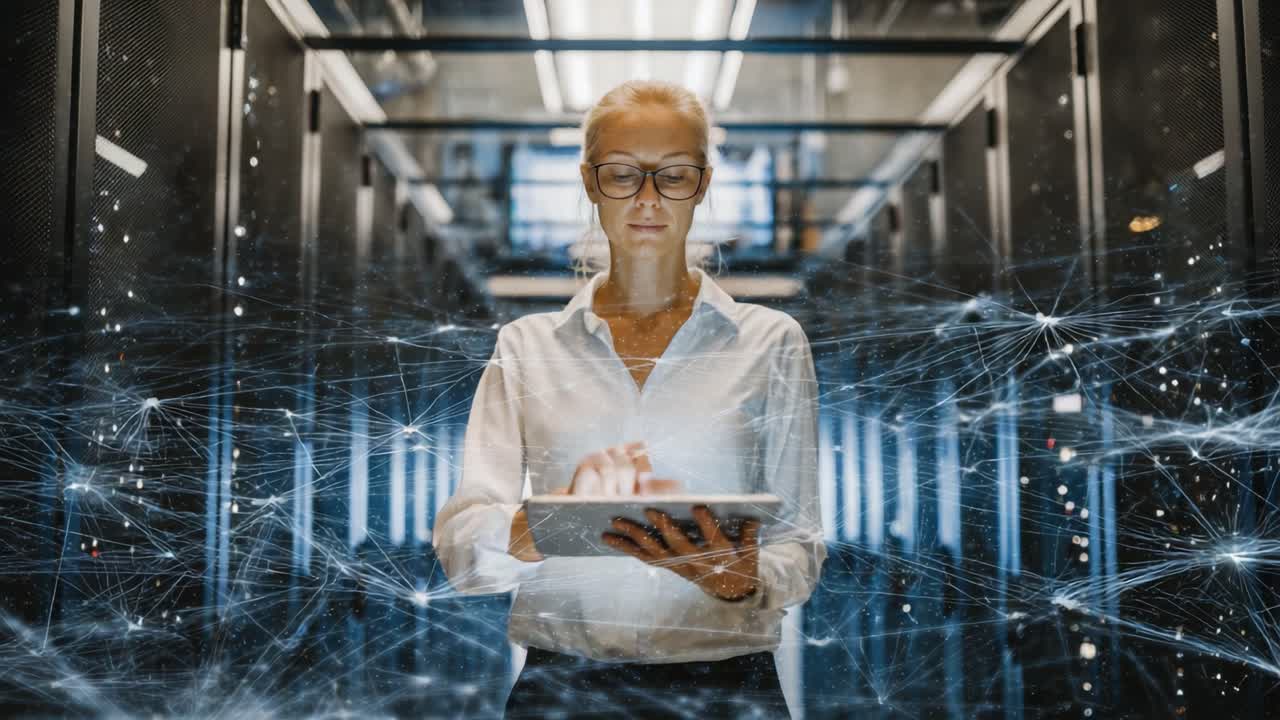 En professionel kvinde analyserer data i et højteknologisk datacenter og bruger moderne teknologi på en tablet omgivet af digitale forbindelsesnetværk.