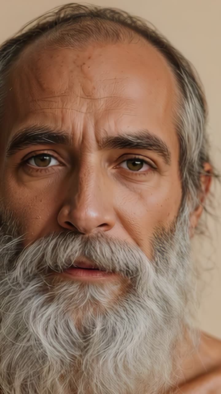 Vertical video: Close-up showing man against beige wall lifting eyelids and shifting gaze for focus