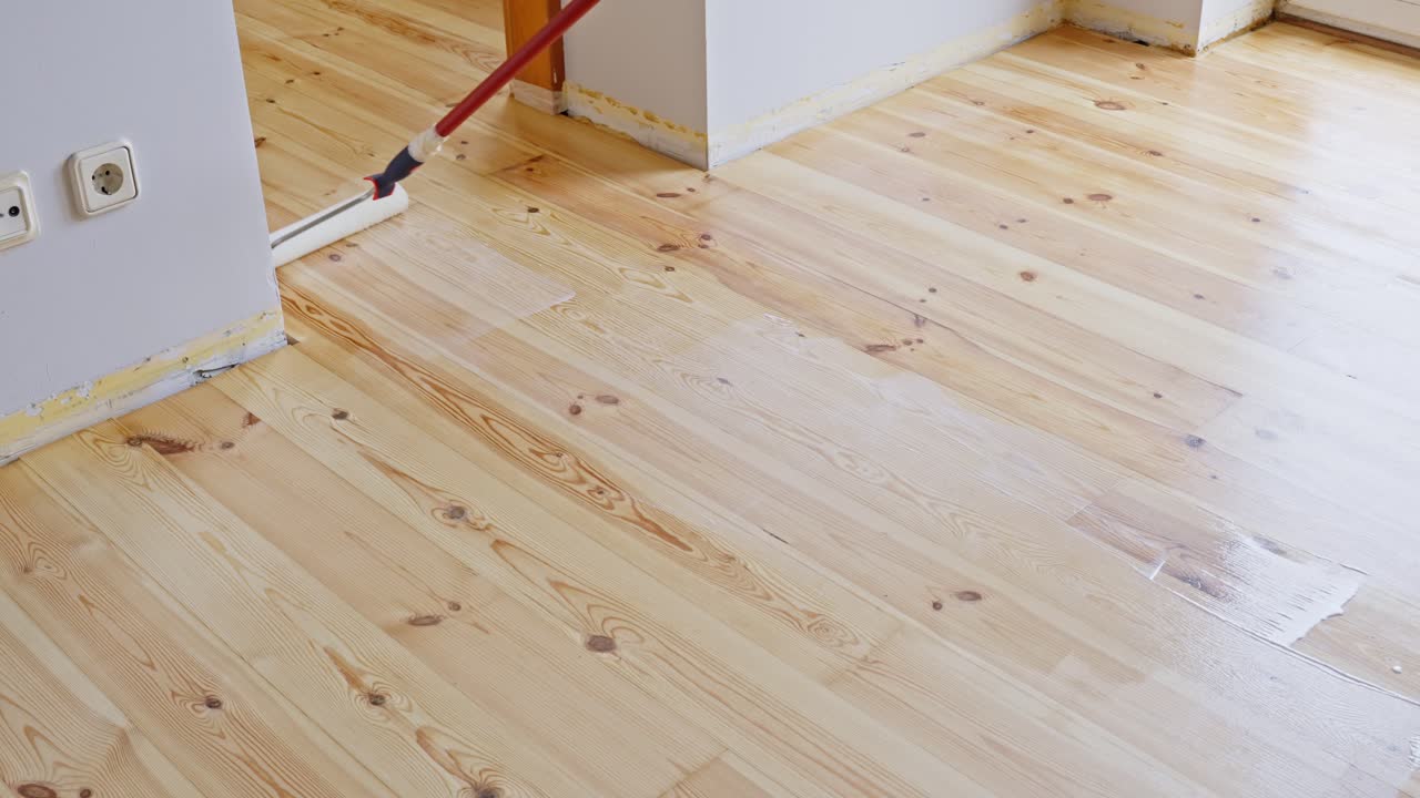 Worker Applying Clear Polyurethane Varnish To Wooden Floor Using Paint Roller. high angle shot