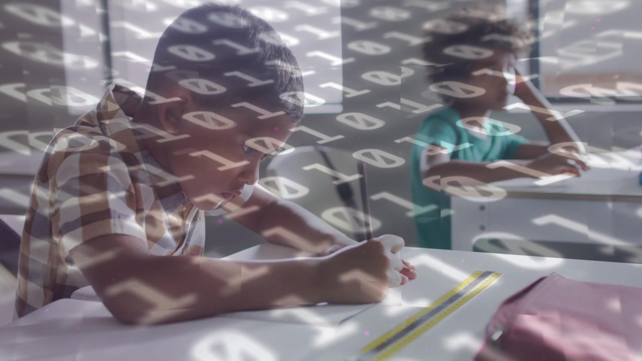 Animation of binary code over african american boy writing in book in classroom