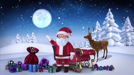 Santa-waving-at-camera-with-reindeer-and-sleigh-in-snowy-forest-loopable