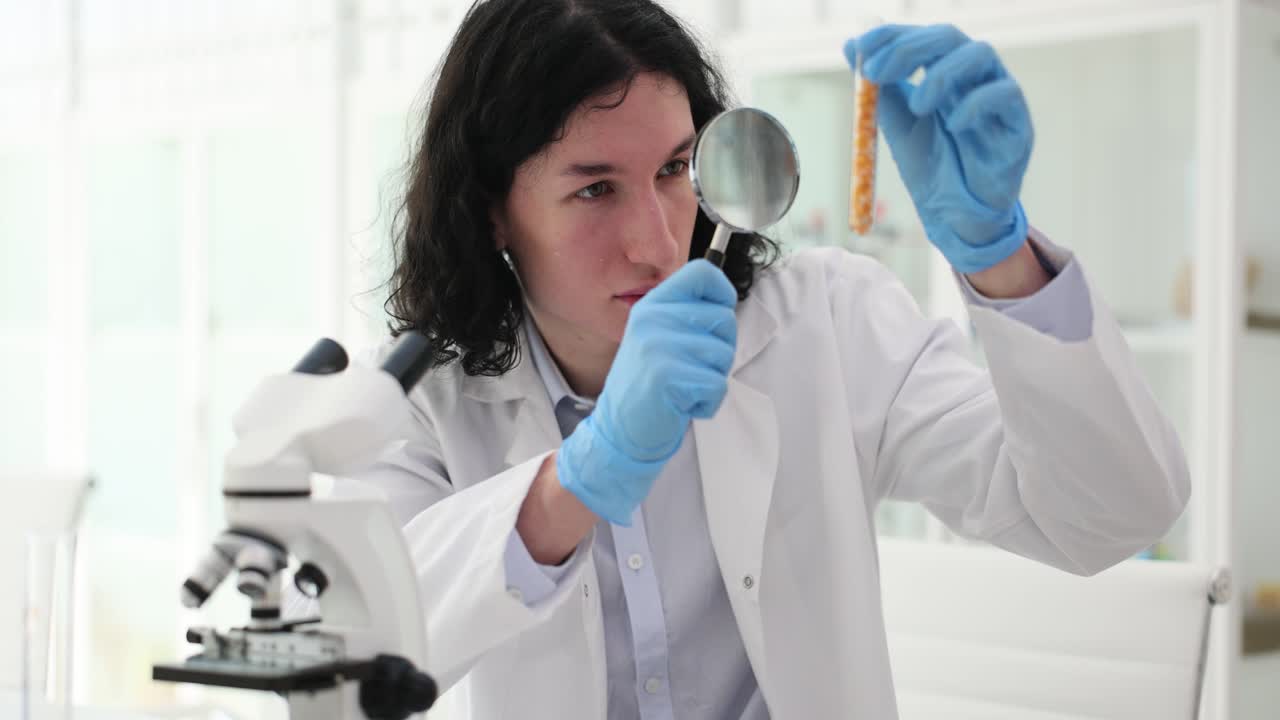 Scientist examining test tube with magnifying glass in laboratory