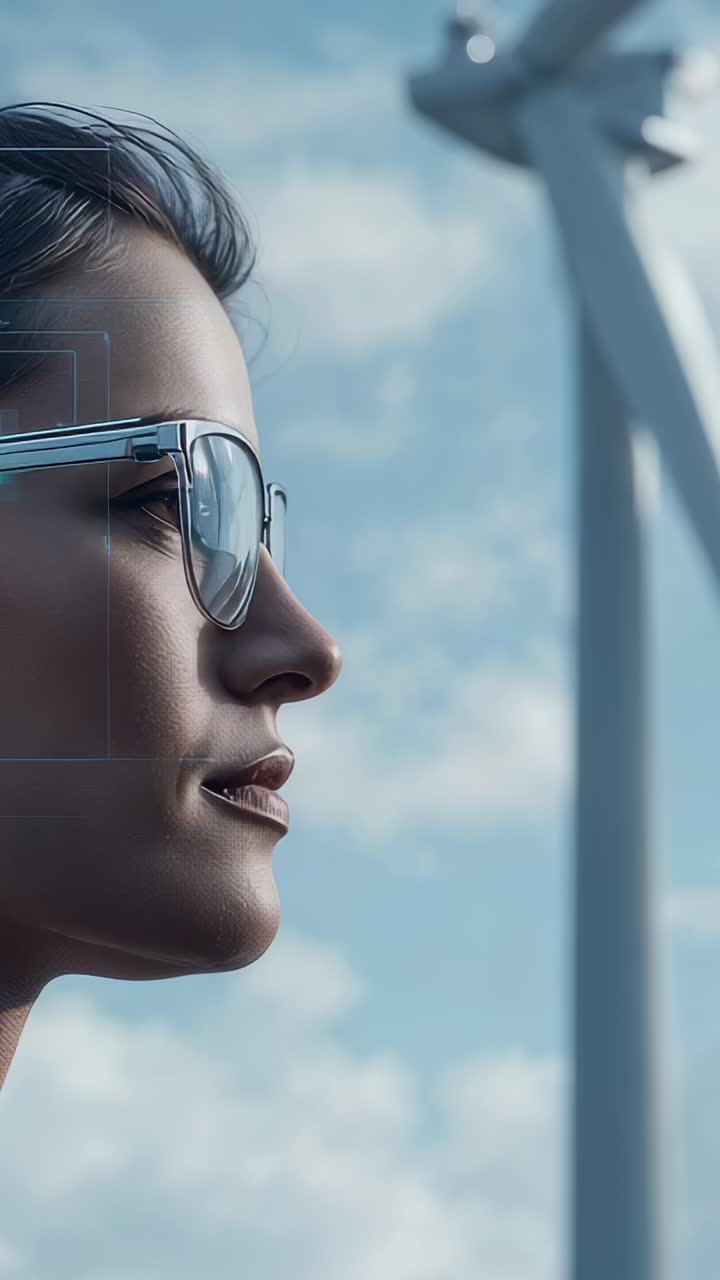 Vertical video: Getting data tech wearing AR monitoring HUD bars near wind turbine assessing output