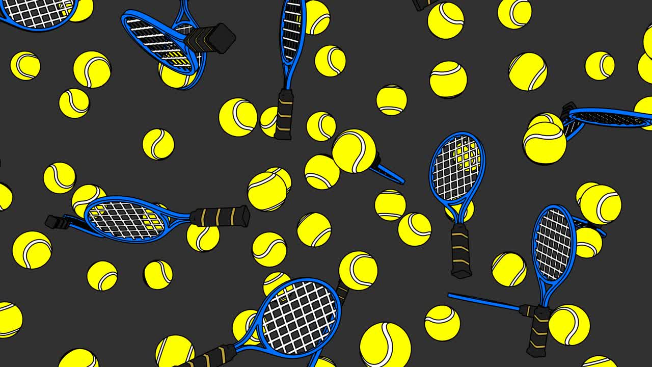 회색 배경에 있는 테니스 공과 파란색 테니스 라켓입니다.