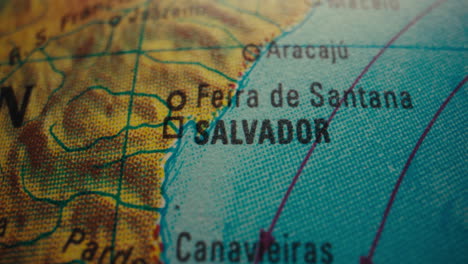 close-up of a world map showing the location of salvador