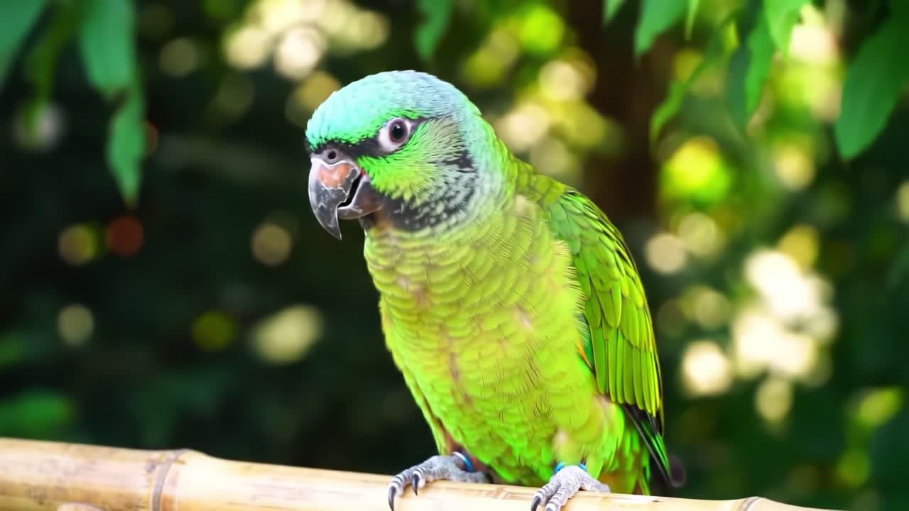 Vibrant Green Parrot Perched on Bamboo Surrounded by Lush Foliage, Showcasing Distinctive Features and Lively Colors in Capture of Its Natural Habitat