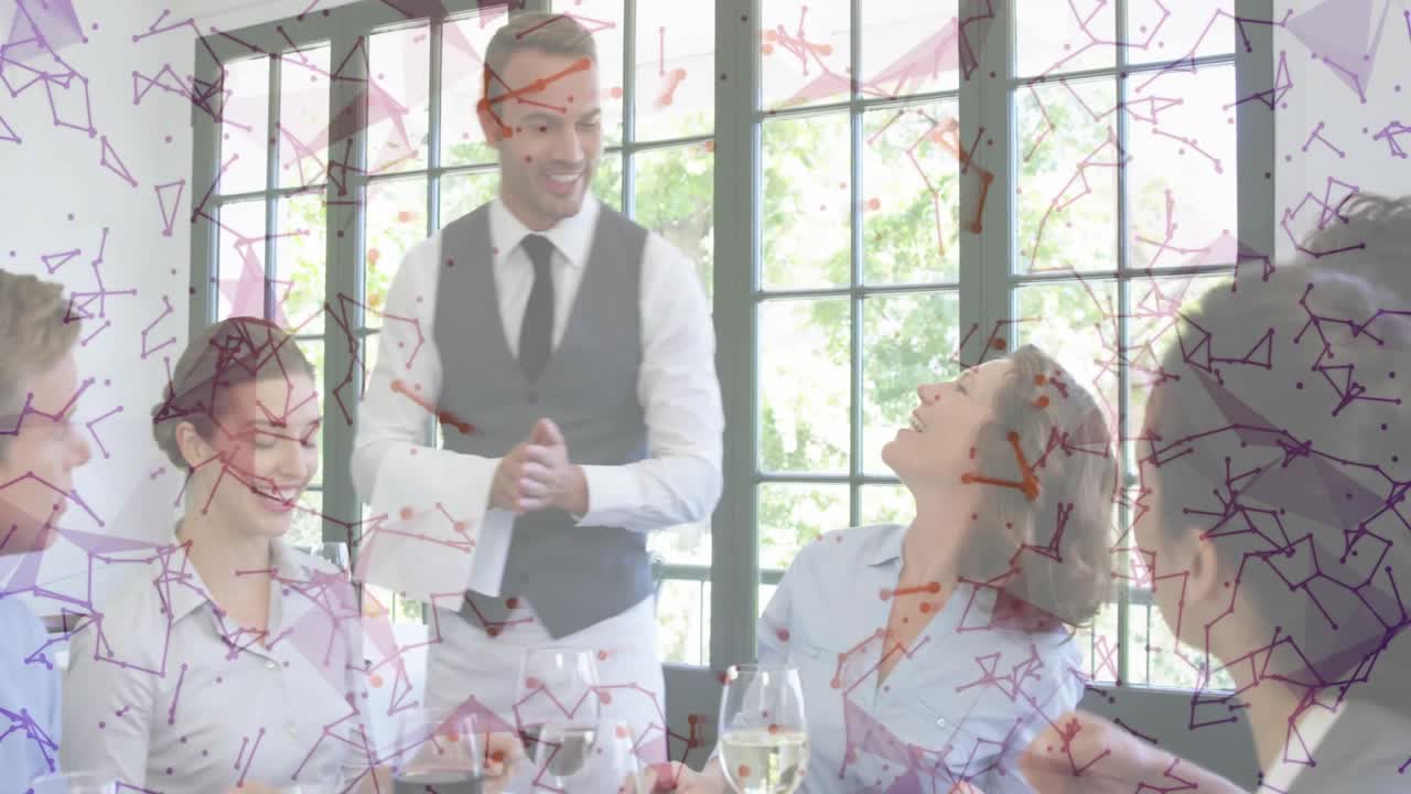 Server placing dishes and clapping palms inviting diners starting business meal conversation