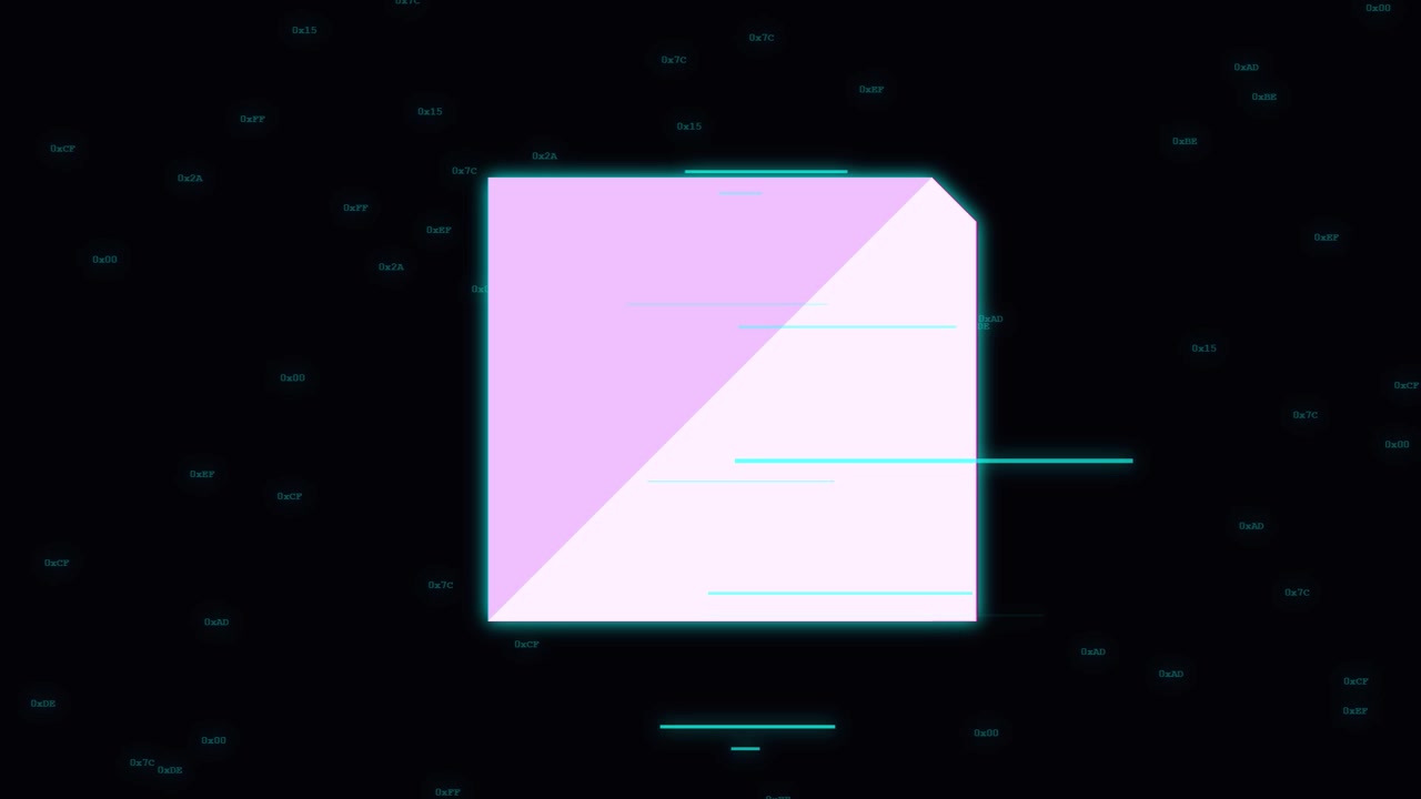 Abstract Digital Square with Glitch Effects and Floating Hexadecimal Code