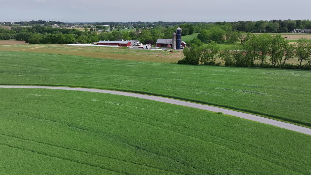 Aerial flyover agricultural farm fields with crops and dried cultivation in front of farmstead house. American countryside in summer. Red barn and houses with silo storage. Approaching shot.