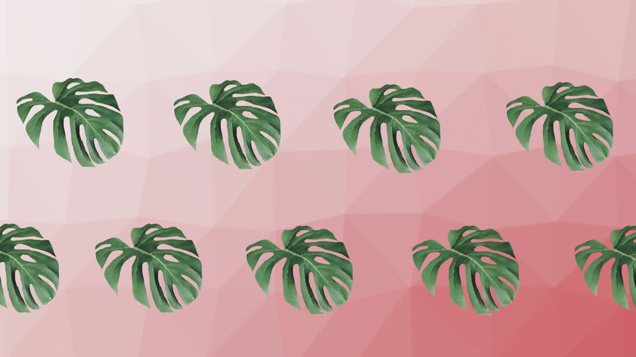 composición de filas de hojas de plantas verdes que se mueven sobre un fondo rosa