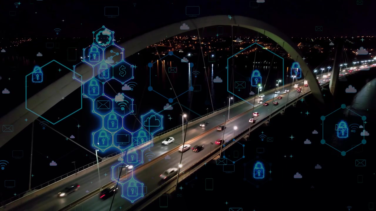 Paisagem noturna futurista em ponte no centro da cidade com gráfico animado de transformação digital futurista. Inovação. Cibersegurança. Computação em nuvem. Transformação digital. Processamento de dados.