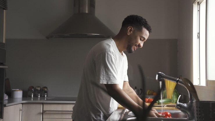 Homme d'origine ethnique lavant un poivron lors de la préparation culinaire