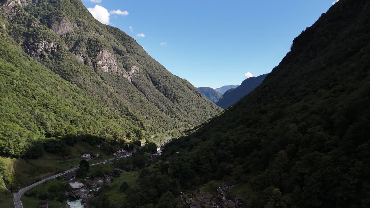 Valle Maggia Maggia Valley in Ticino, Switzerland aerial drone over rocky landscape