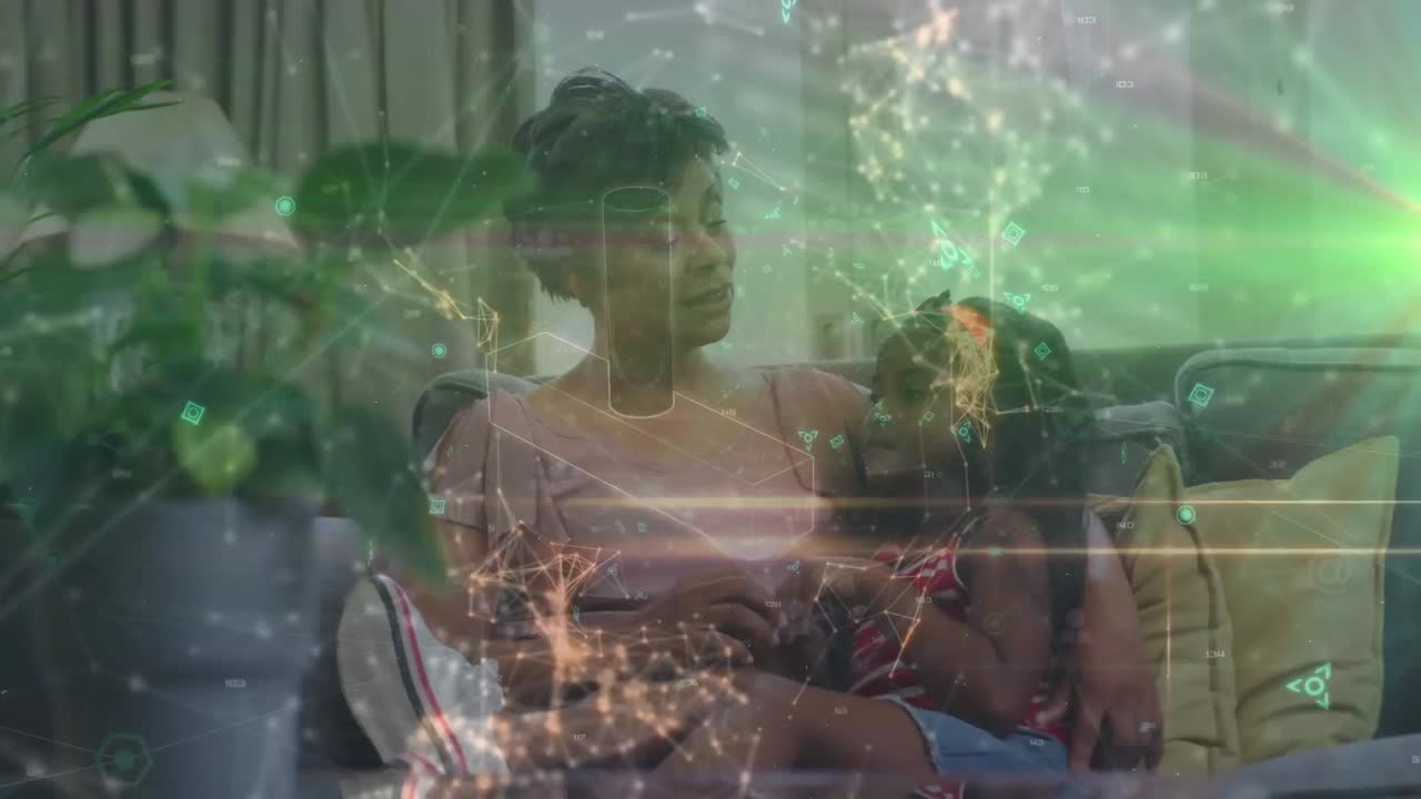 animación de cadena de adn y mujer afroamericana usando una computadora portátil