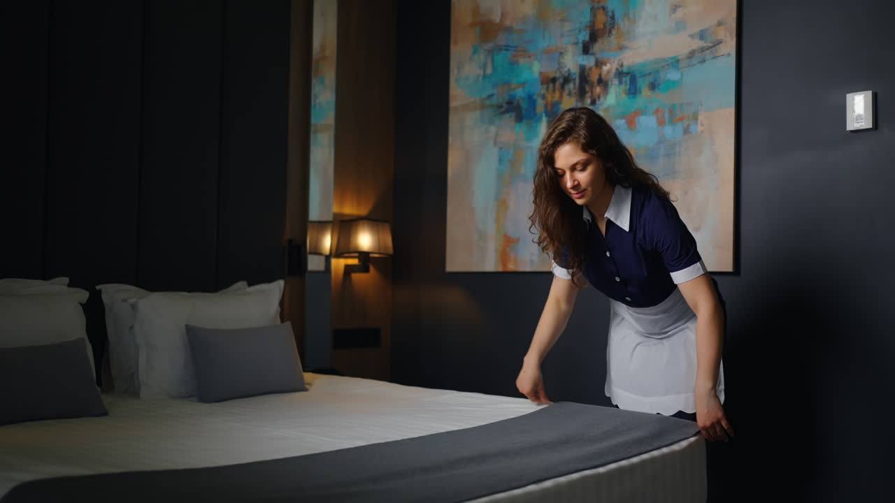 Camareira de Hotel Arrumando a Cama em um Quarto de Hotel