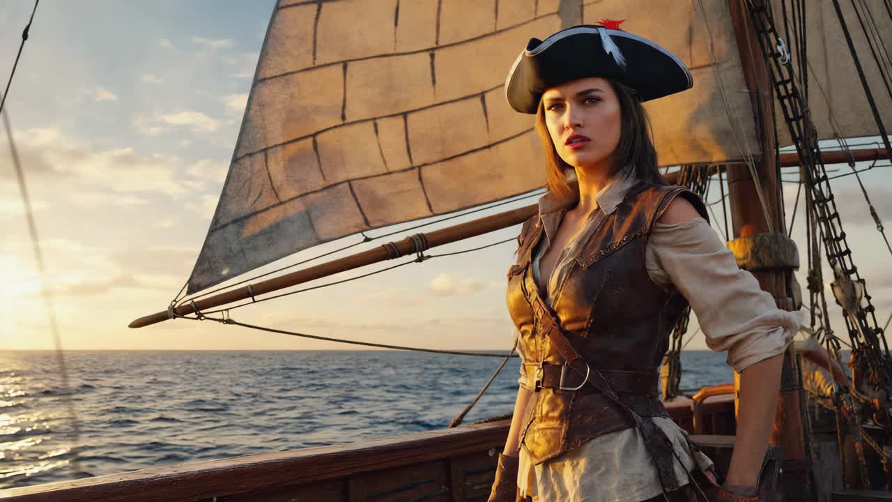Pirate Woman on a Ship at Sea