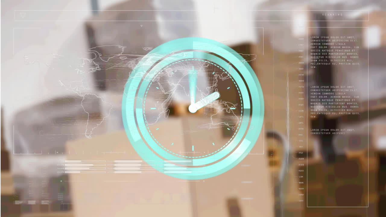 animación del reloj y el procesamiento de datos en los estantes del almacén