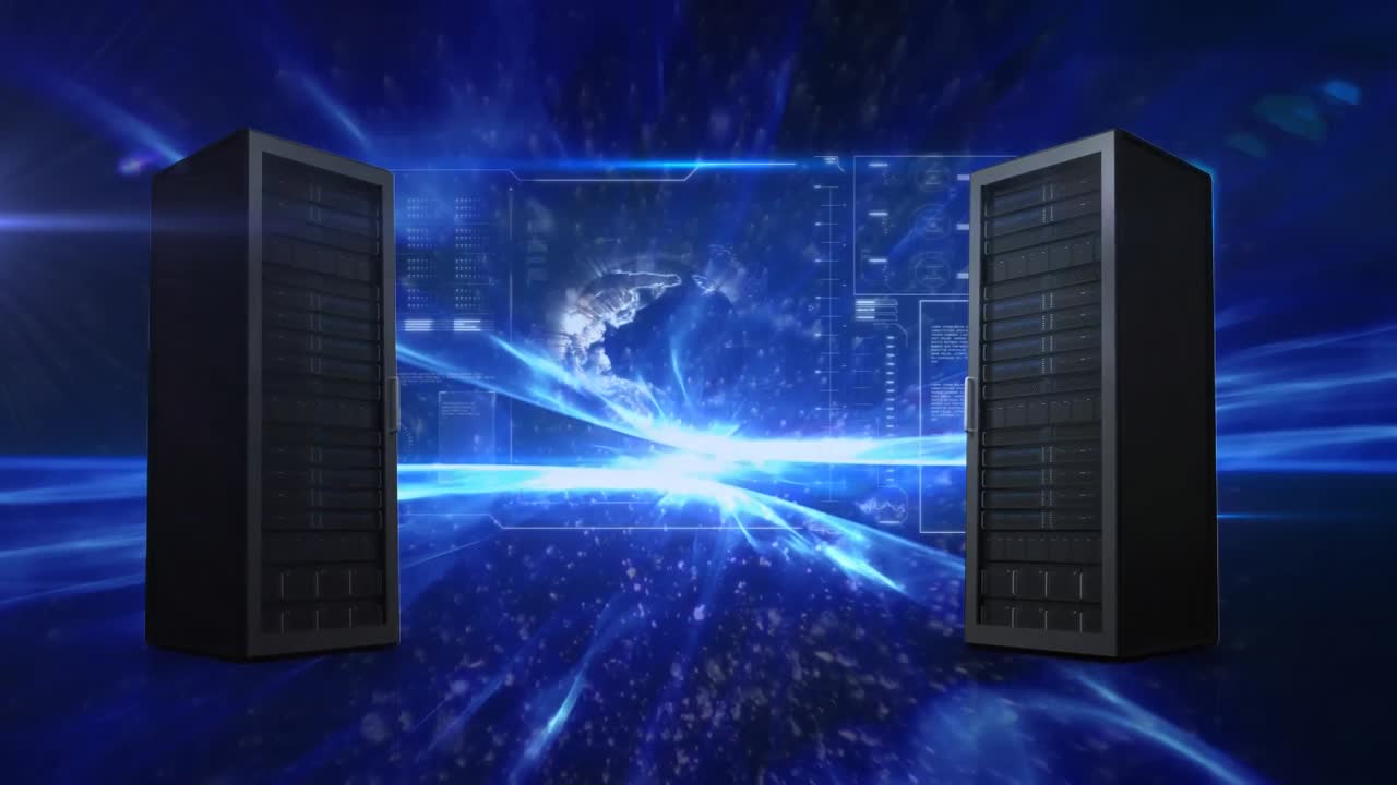 Animation of globe spinning on screen with two computer servers on blue background