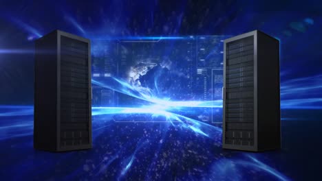 Animation-of-globe-spinning-on-screen-with-two-computer-servers-on-blue-background