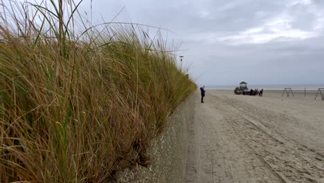 Pov-Vorwärtsspaziergang-Durch-Das-Gras-Der-Dünen-Neben-Dem-Sandstrand-Während-Eines-Bewölkten-Tages-Auf-See---Nahaufnahme