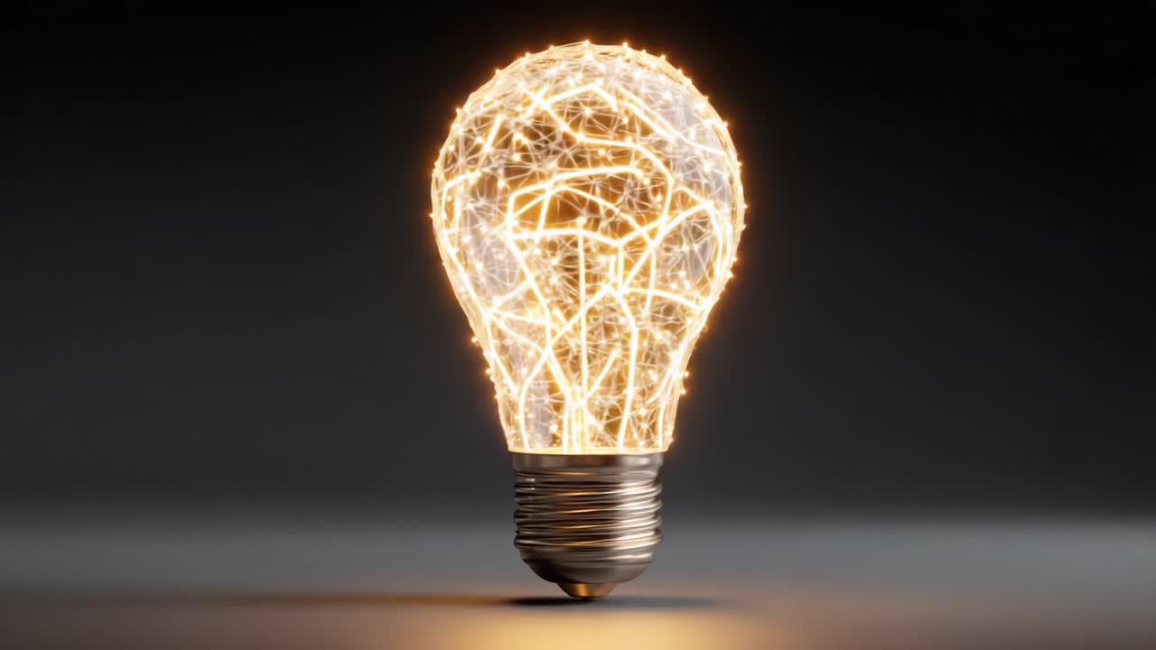Illuminare l'innovazione: una prospettiva artistica su un complesso design di lampadina che mostra un cablaggio intricato e un bagliore caldo su uno sfondo scuro.