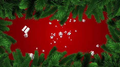 animation of gifts falling over fir trees branches on red background