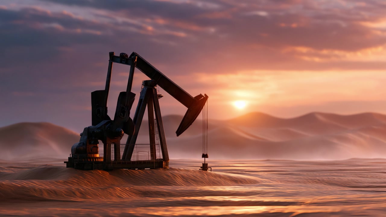A striking visual of an oil pump jack gracefully silhouetted against the vibrant hues of a sunset, capturing the essence of energy extraction in a serene desert landscape.