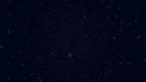 flying small neon rainbow rings and dots in dark galaxy