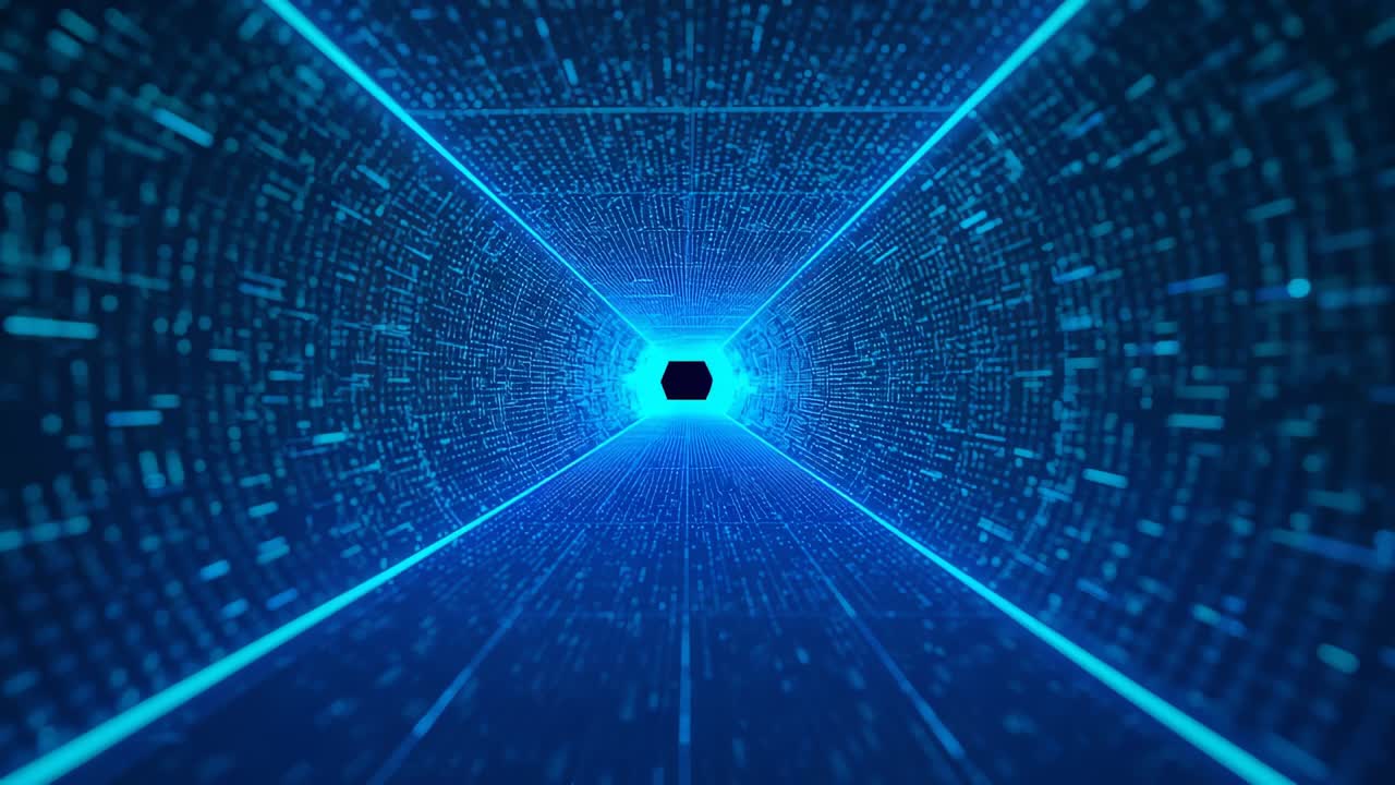 Pulsing hexagonal portal pulling camera through neon-blue data corridor, guiding streaming glyphs