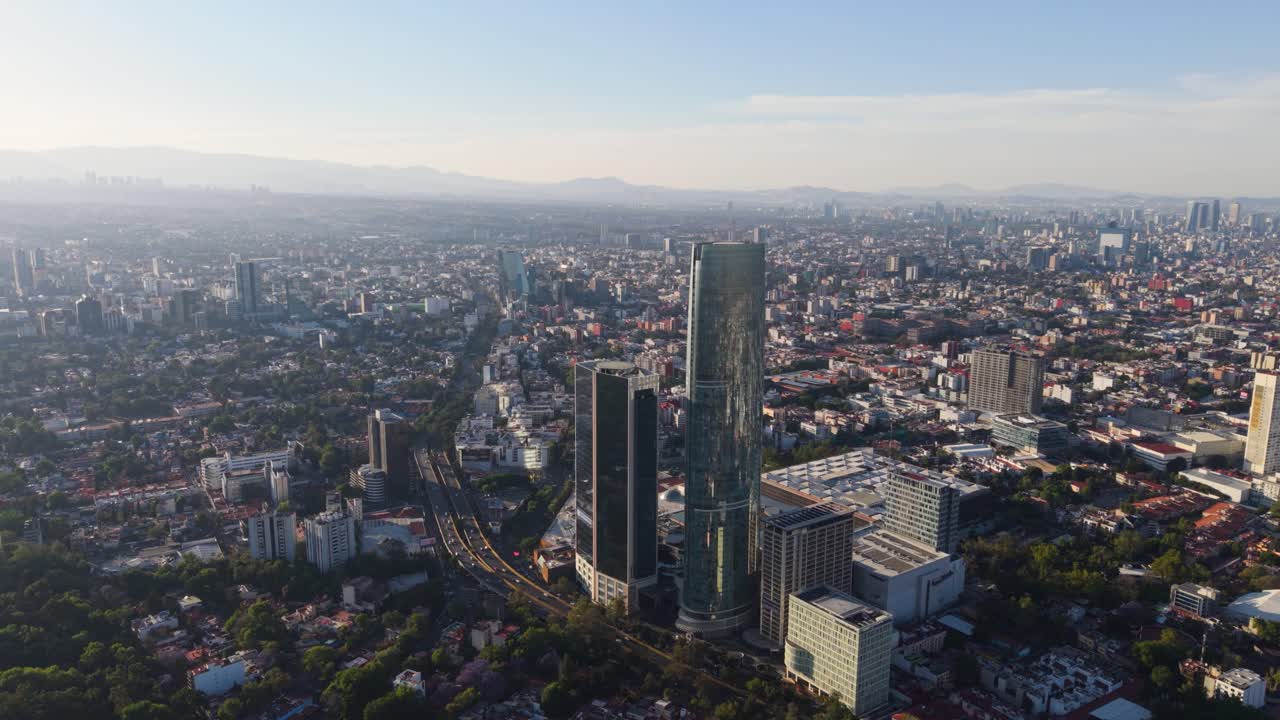 Mexico City with smog and ozone pollution, aerial footage during environmental contingency