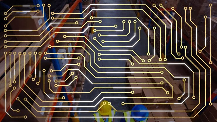 Animazione di un circuito integrato su diversi uomini che camminano in un magazzino