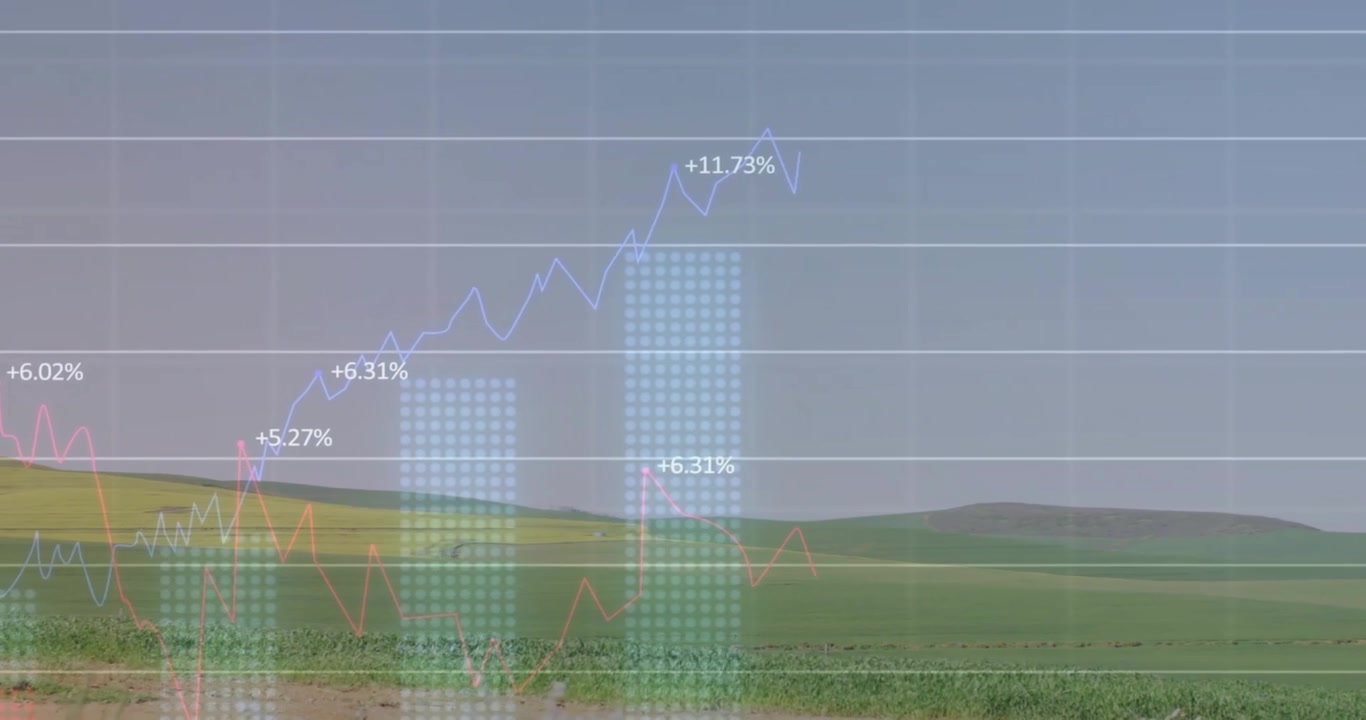 Animaatio kaavioista ja datankäsittelystä pellon yllä