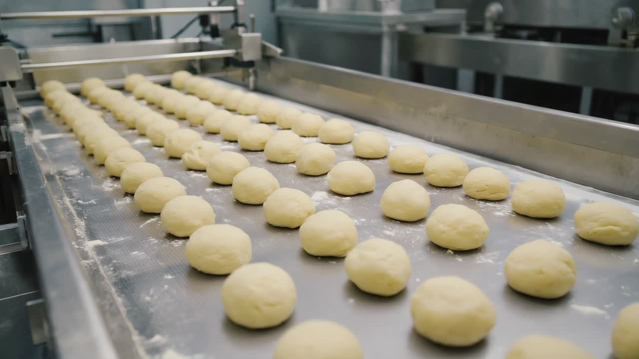 Dough balls on a conveyor belt in a food processing factory