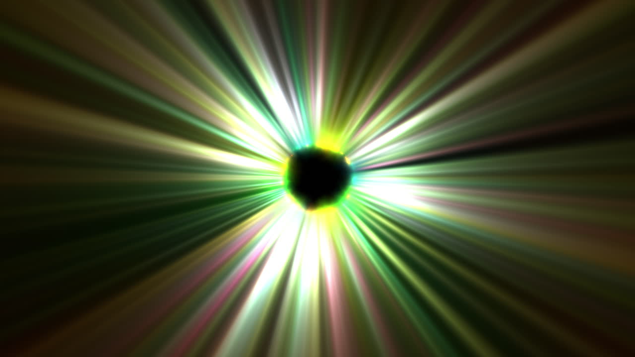 Rotating Sci-Fi Light with Colorful Beams Emitting from Spherical Black Hole Orb Center on Black Background. Abstract UFO Motion Graphics. 4K