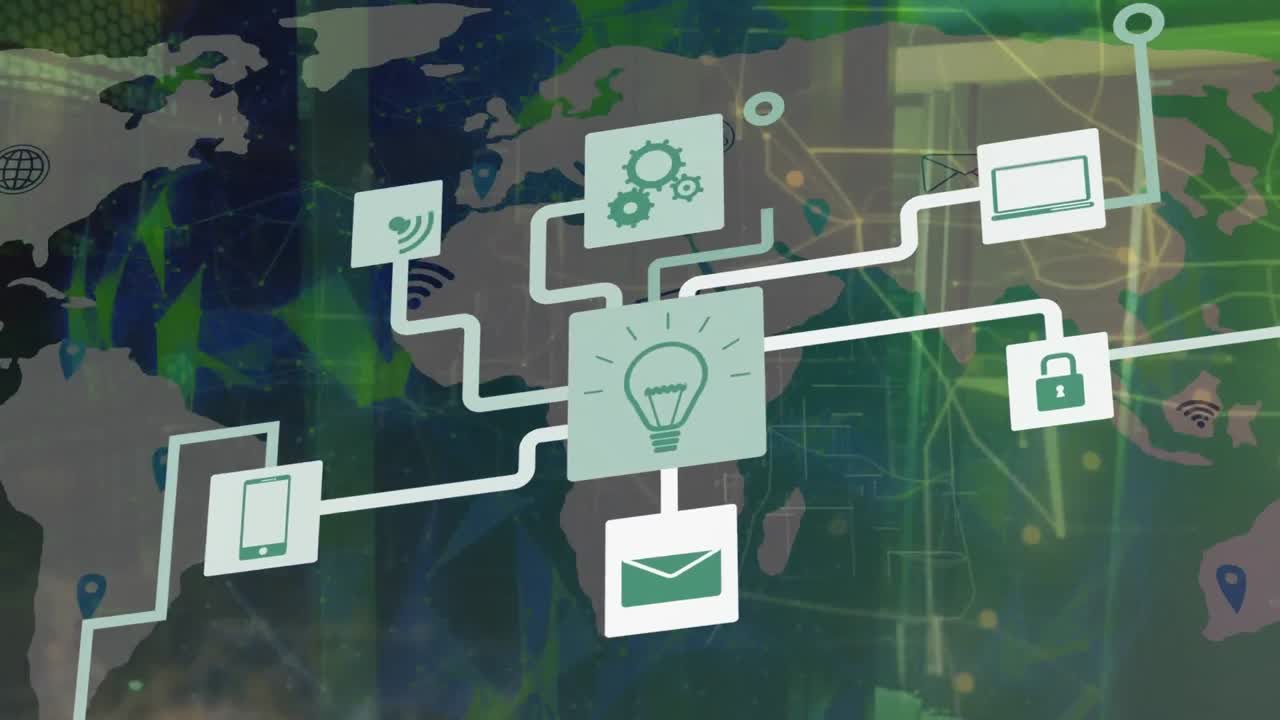 세계 지도 위의 아이콘으로 연결 네트워크의 애니메이션