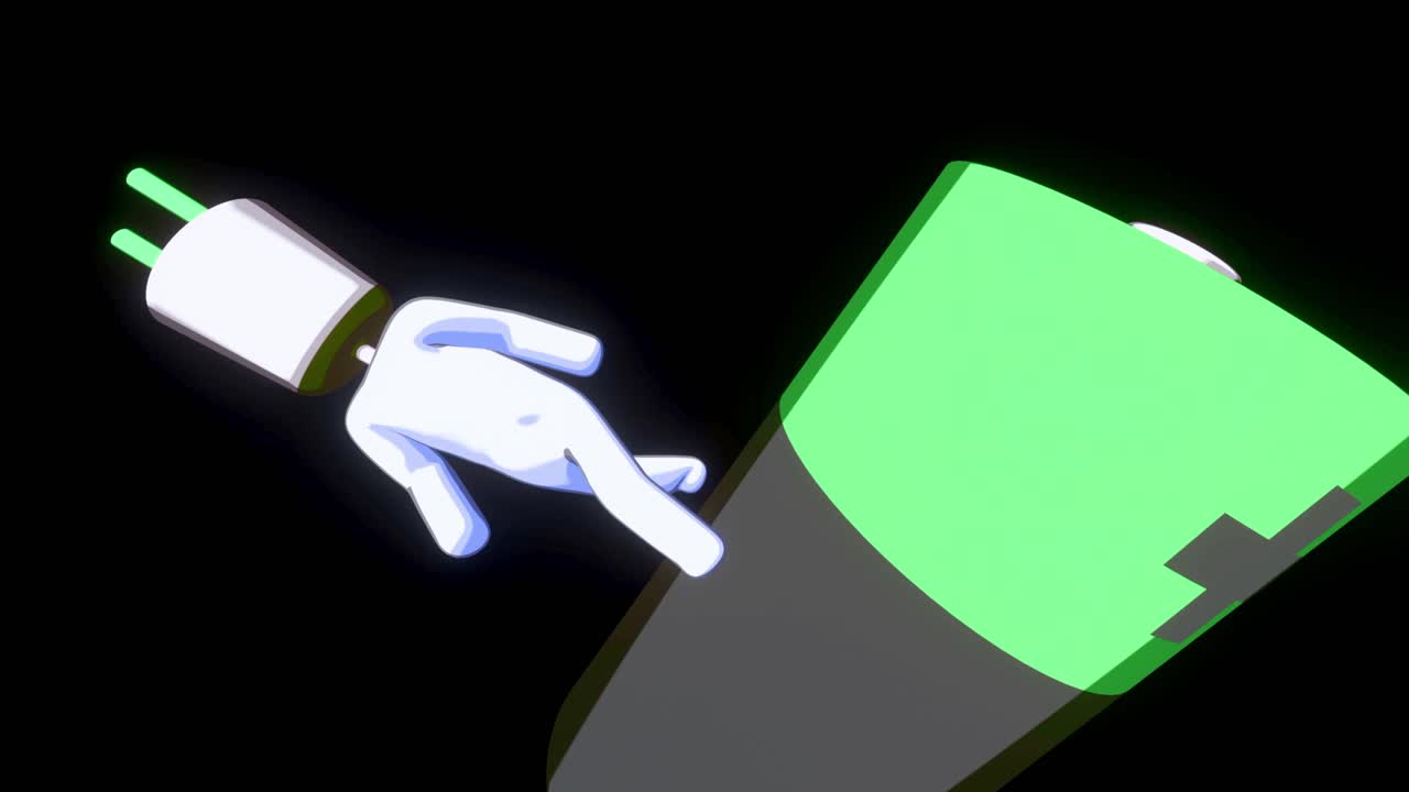 배터리를 충전하는 머리의 플러그를 가진 휴머노이드 인물의 3d 렌더링 일러스트레이션