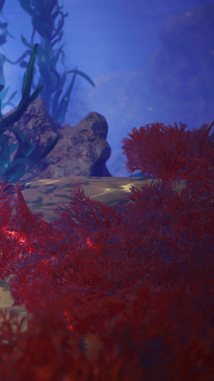 Colorful coral reef scene in an underwater environment with rocks and plants
