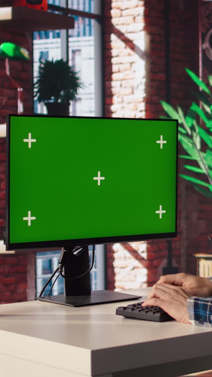 Vertical video Teleworker in apartment home office using mockup PC to analyze sales reports