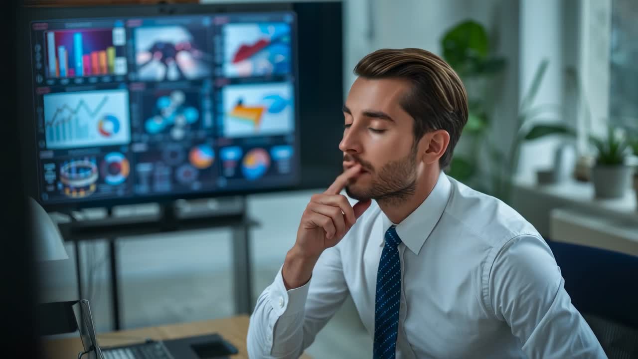 Studying monitor, analyst in white shirt and tie shifting gaze to camera at desk for review