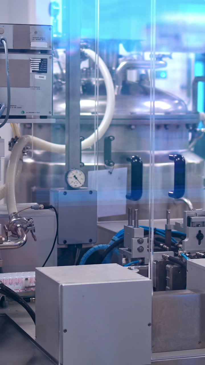 Manufacture of tablets indoors. Modern automatic pharmaceutical equipment. Pharmacy industry. Vertical video