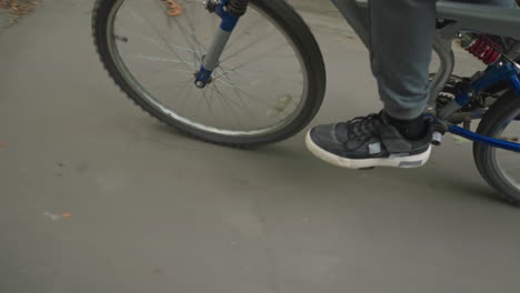 close-up of someone riding a bicycle along a paved road with white markings, the setting features lush greenery along the side and foliage scattered on the ground