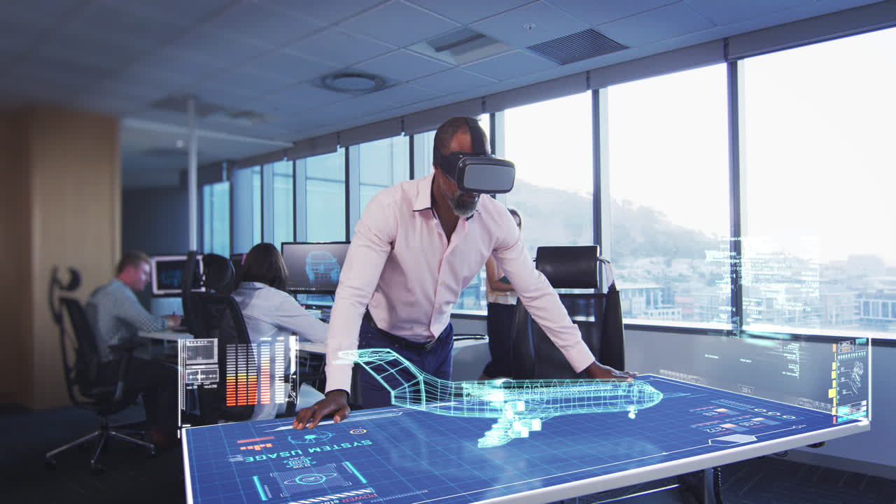 Animation of a business man using a VR headset in a modern office