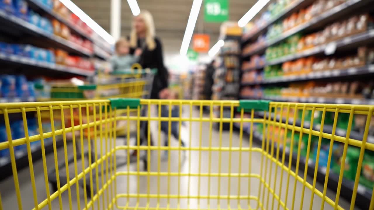 Ein gelber Einkaufswagen fährt durch den Gang eines Lebensmittelgeschäfts.
