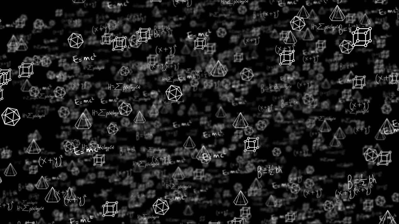 Blackboard inscribed with scientific formulas and calculations in physics and mathematics science