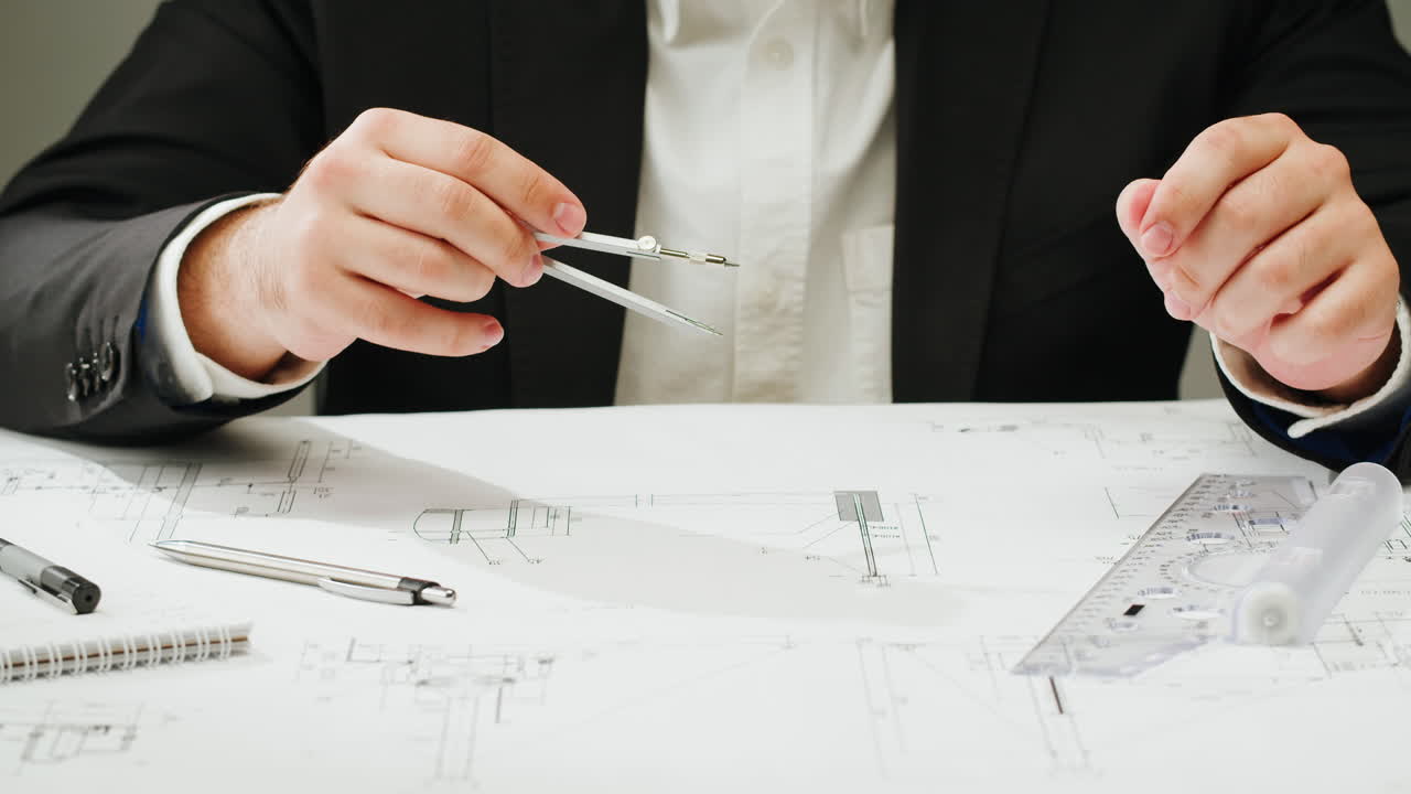 Hands of an Engineer or Architect Working on Technical Drawings with Tools
