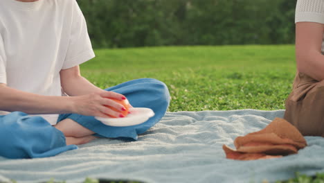 lower view of caregivers seated on picnic blanket, one handing fruit to other while sandwich rests nearby, children running around, warm summer park moment of sharing and connection