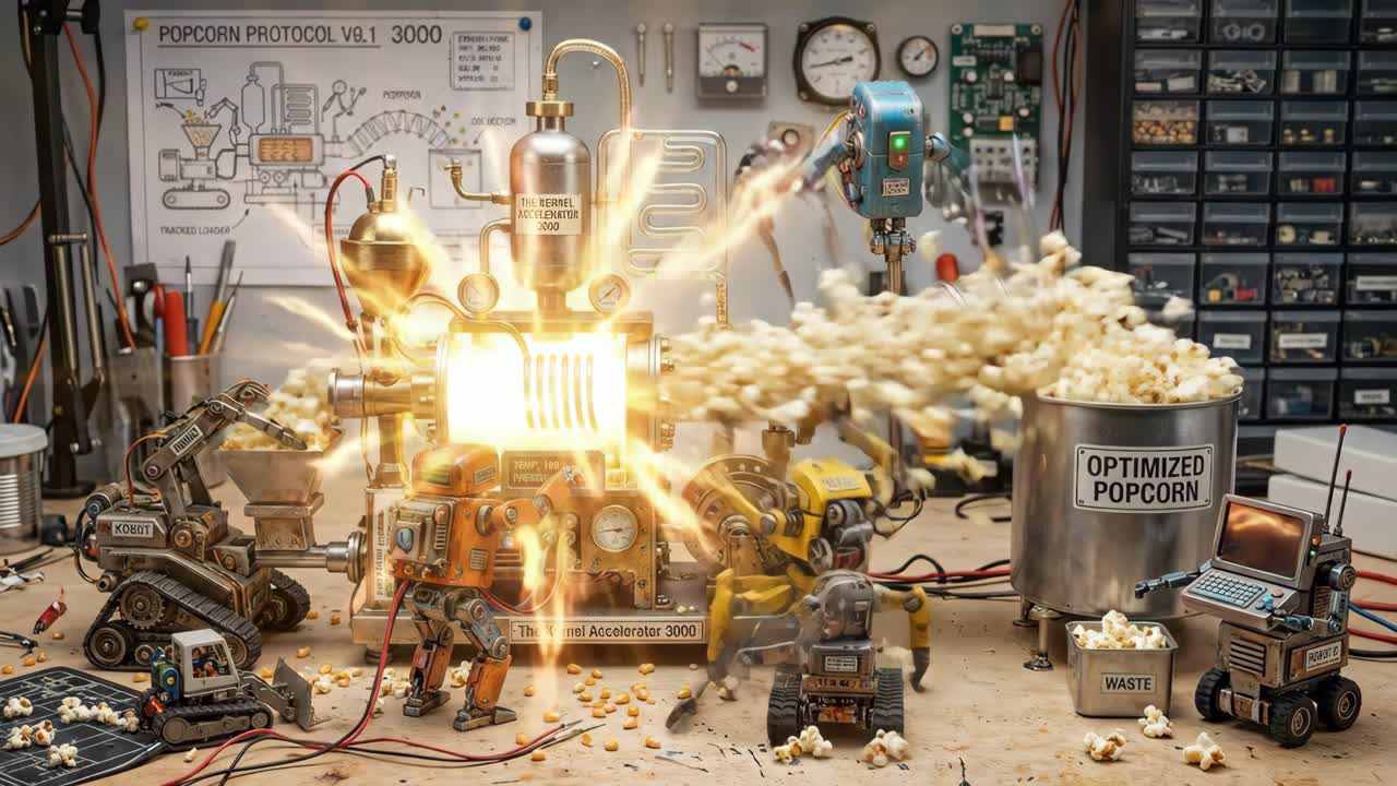 Robôs operando uma máquina de fazer pipoca steampunk