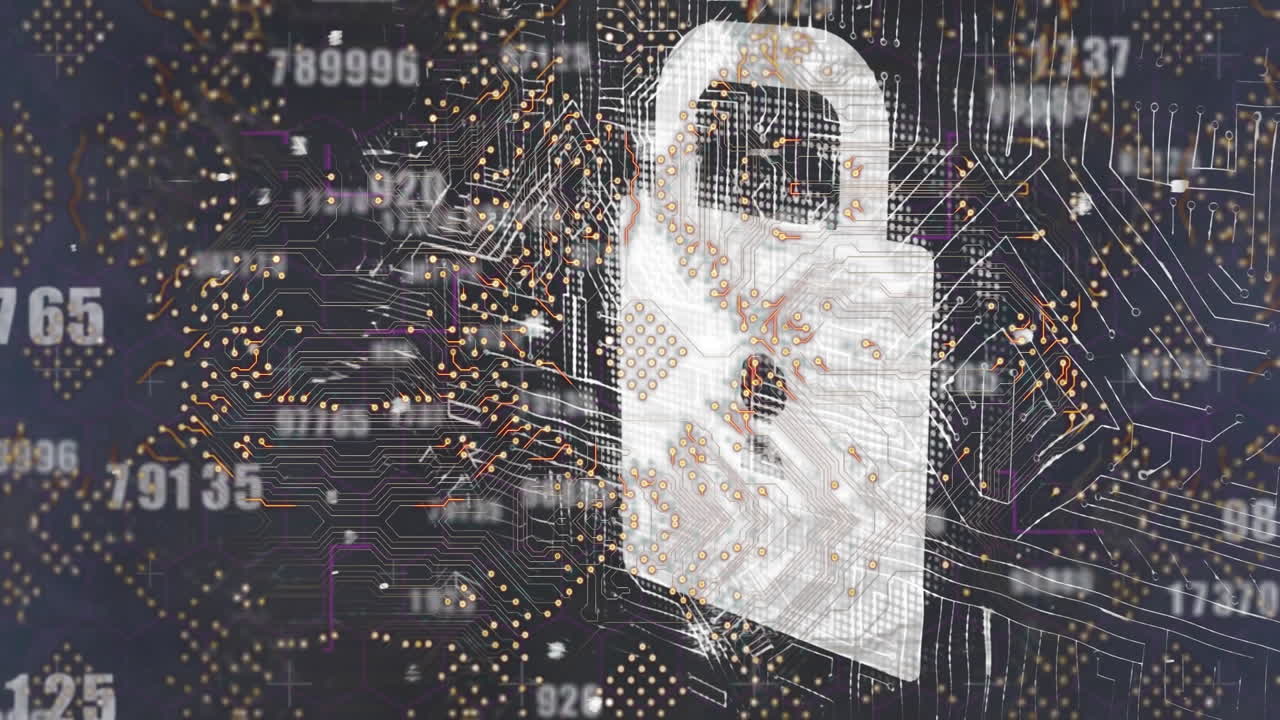 cambio de números y icono de candado de seguridad contra conexiones de microprocesador en fondo azul