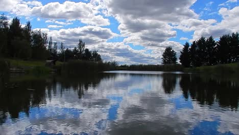 blue lakeside water mirror reflection bright scenic cloudy sky